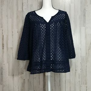 Lucky Brand Navy Blue 3/4 Sleeve Blouse